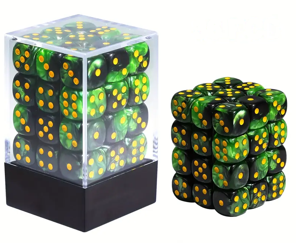 36pc Small D6 dice set and container - Green/Black - WZRD TCG