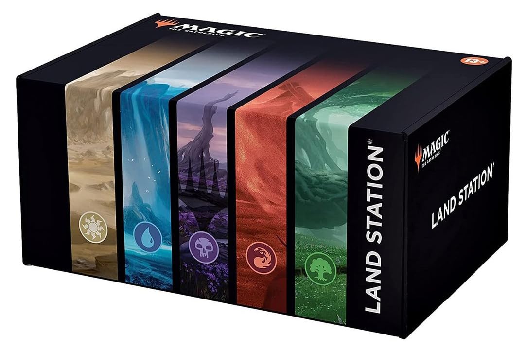 The Magic: The Gathering - Land Station by Wizards of the Coast features five sections with art and symbols for Basic Lands—Plains, Island, Swamp, Mountain, and Forest—perfect for deck building or Jumpstart 2022 sessions.