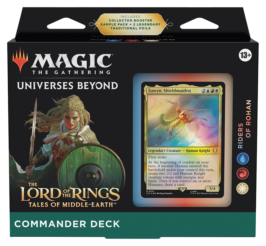 Wizards of the Coasts Lord Of The Rings - Commander Decks: Riders of Rohan features Éowyn, Shieldmaiden art and game details—ideal for fans of The Lord of the Rings: Tales of Middle-earth.