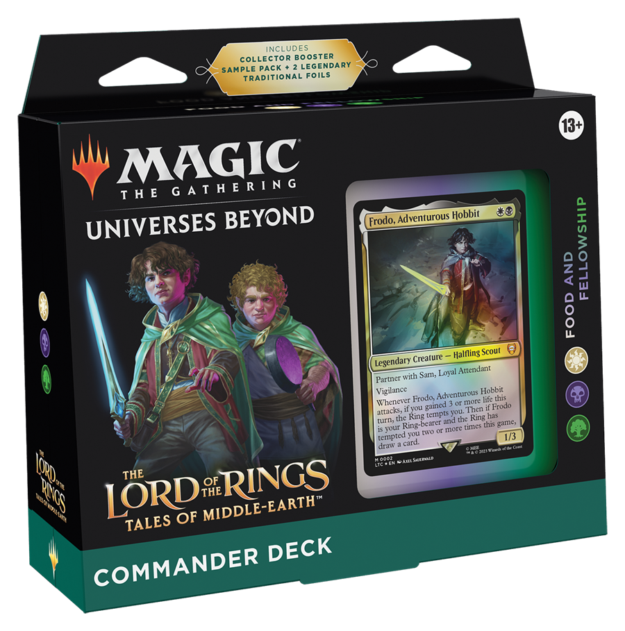 The Lord Of The Rings - Commander Decks - Food & Fellowship by Wizards of the Coast features illustrated characters and a visible Frodo, Adventurous Hobbit card on the front.