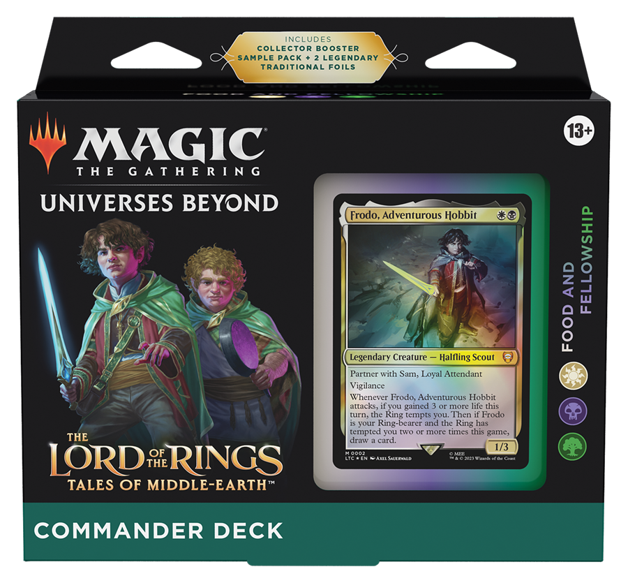 The Wizards of the Coast Lord Of The Rings - Commander Decks - Food & Fellowship box features Frodo, Sam, and another hobbit with a Frodo card displayed in colorful, fantasy-inspired packaging.