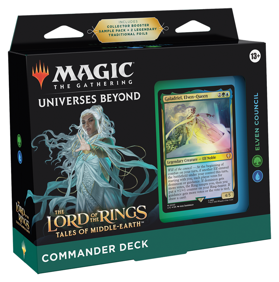 The Lord Of The Rings – Commander Decks – Elven Council by Wizards of the Coast features Galadriel, Elven-Queen, with stunning artwork and a visible card window on the front.