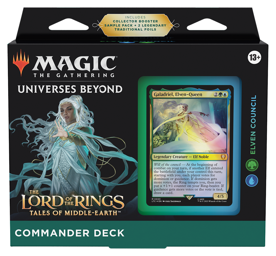 Wizards of the Coast Lord of the Rings Commander Decks—Elven Council is perfect for fans ages 13 and up. Features iconic cards from Middle-earth to enhance your Magic: The Gathering experience.