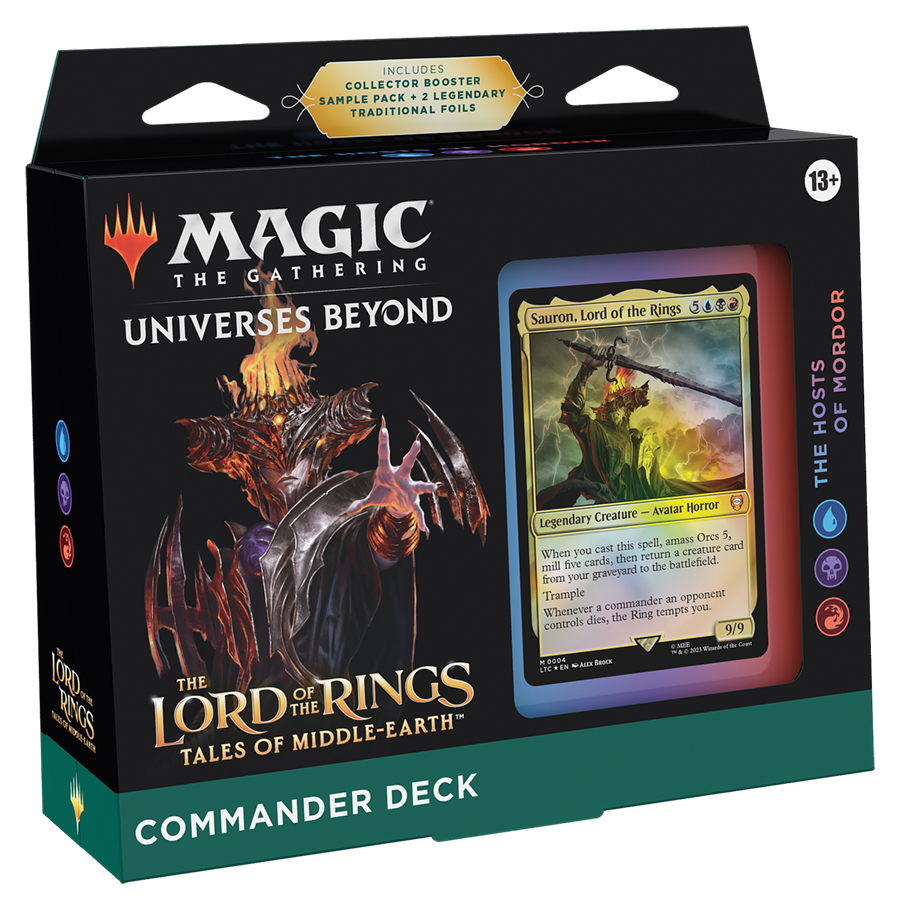 The Hosts of Mordor Commander Deck by Wizards of the Coast features Sauron card art and themed packaging—perfect for Magic: The Gathering and Lord Of The Rings fans.
