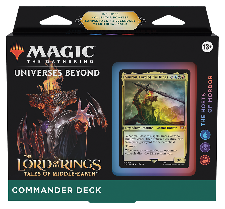 A Wizards of the Coast Lord Of The Rings—Commander Decks: The Hosts of Mordor box, featuring striking Sauron artwork and the “Sauron, Lord of the Rings” card on the front.